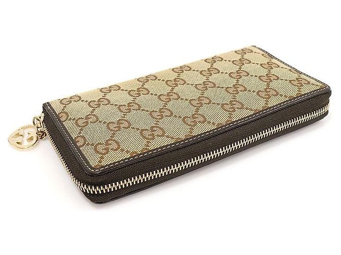 Gucci GG Logo Jacquard Brown Leather Heart Charm Zip Long Wallet Marrone - vista 5