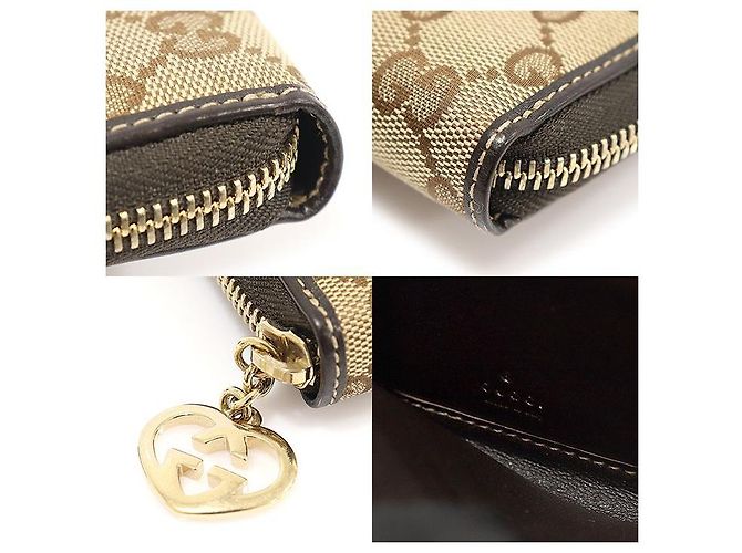 Gucci GG Logo Jacquard Brown Leather Heart Charm Zip Long Wallet Marrone - vista 7