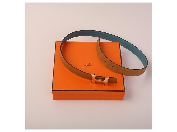 Cintura reversibile Hermès Constance in pelle Epsom Camel e Blu Hydra Multicolore - vista 2