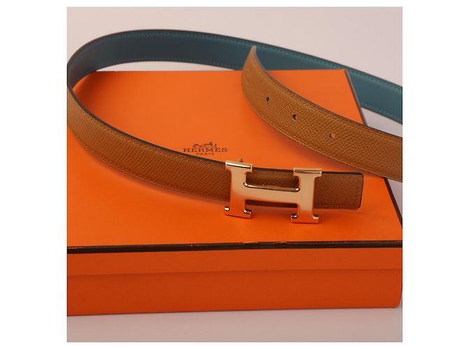 Cintura reversibile Hermès Constance in pelle Epsom Camel e Blu Hydra Multicolore - vista 3