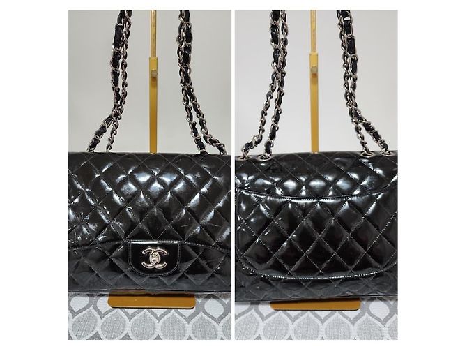 Chanel Schwarze Gepolsterte Lackleder Maxi Klassische Einzelflap-Tasche - Ansicht 7