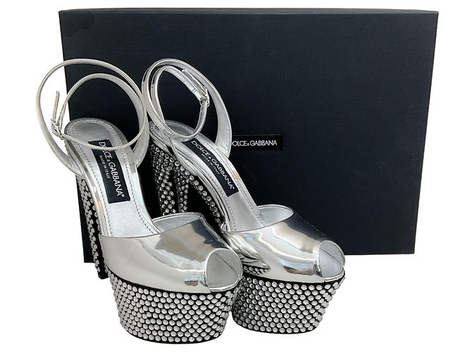 Sandali con piattaforma in pelle specchiata decorati con cristalli Dolce & Gabbana Argento - vista 6