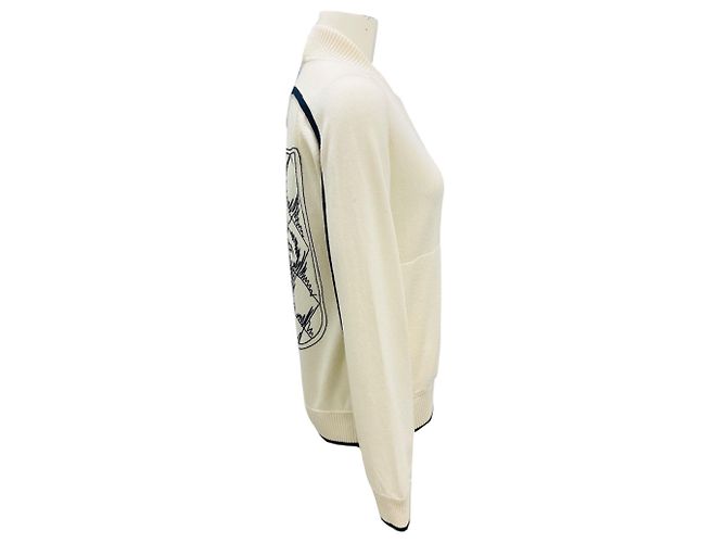 Cardigan de cashmere ecru com zíper da Chanel com bordado de cabeça de leão e logo CC Bege - vista 2