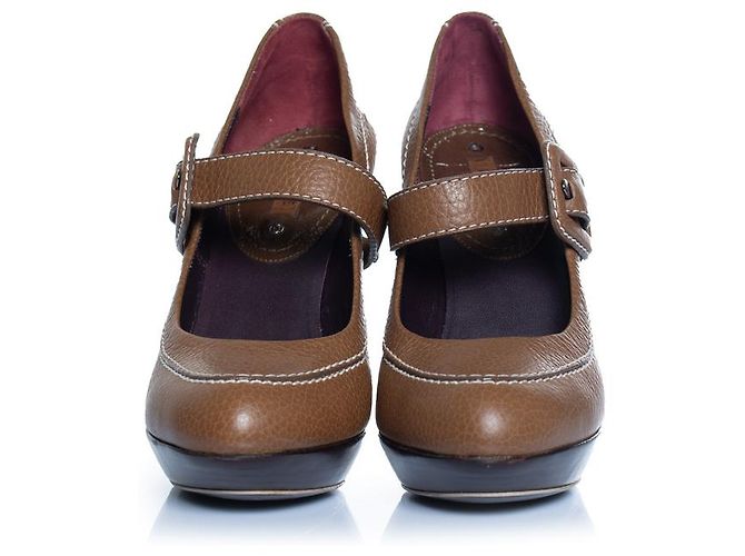 Céline Celine, Leather platform pump with strap in brown - view 5