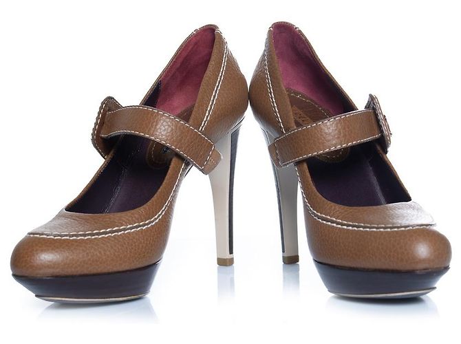 Céline Celine, Leather platform pump with strap in brown - view 6