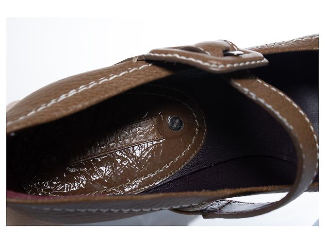 Céline Celine, Leather platform pump with strap in brown - view 8