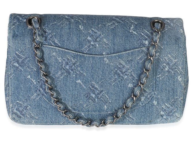 Bolsa clássica de flap duplo médio em denim estampado com corrente azul desbotada Chanel - vista 2