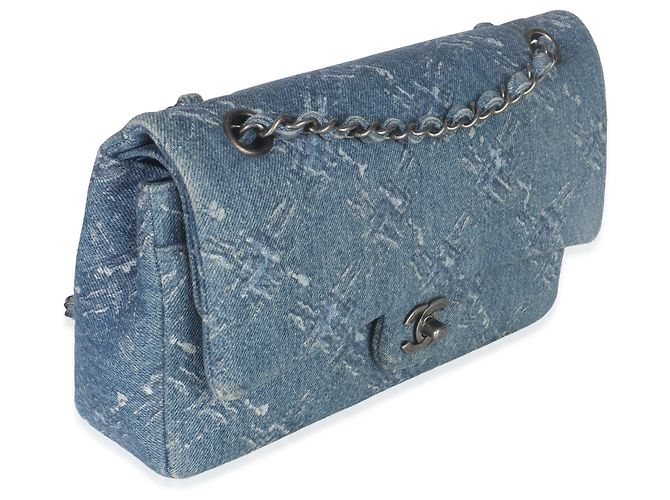 Bolsa clássica de flap duplo médio em denim estampado com corrente azul desbotada Chanel - vista 4