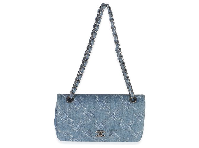 Bolsa clássica de flap duplo médio em denim estampado com corrente azul desbotada Chanel - vista 5