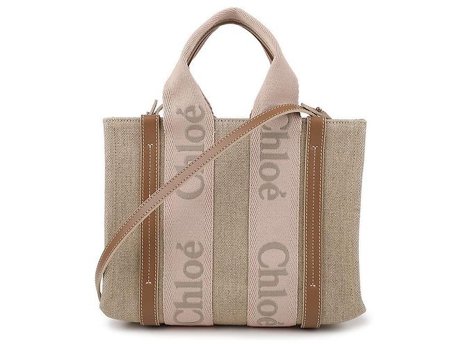 Chloé Borsa Tote Piccola Woody in Lino - vista 3