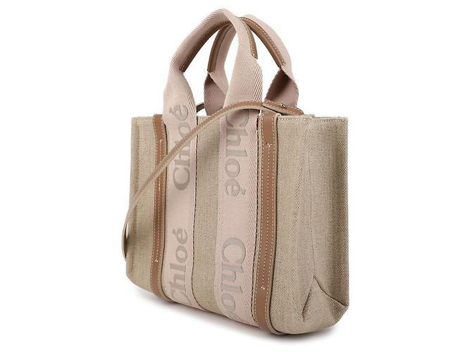 Chloé Borsa Tote Piccola Woody in Lino - vista 4