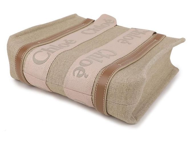 Chloé Borsa Tote Piccola Woody in Lino - vista 6