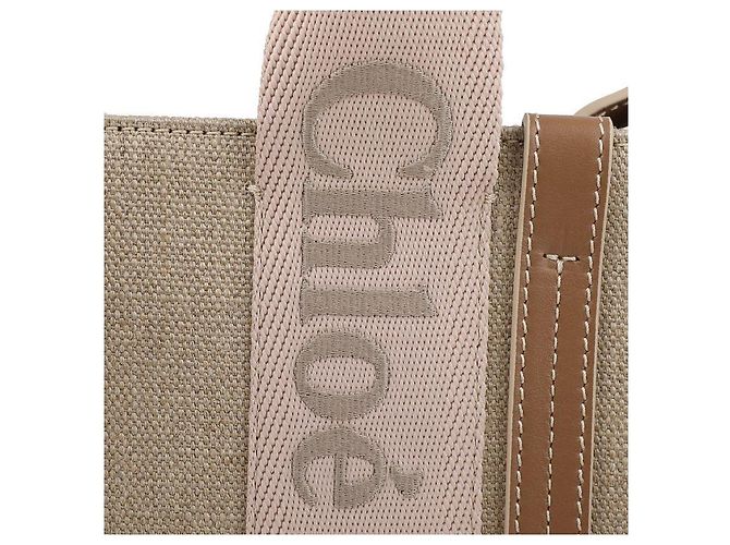 Chloé Borsa Tote Piccola Woody in Lino - vista 9