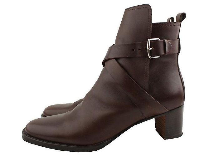 Hermès Chocolate Brown Leather Silver-tone Ankle Boots - view 3