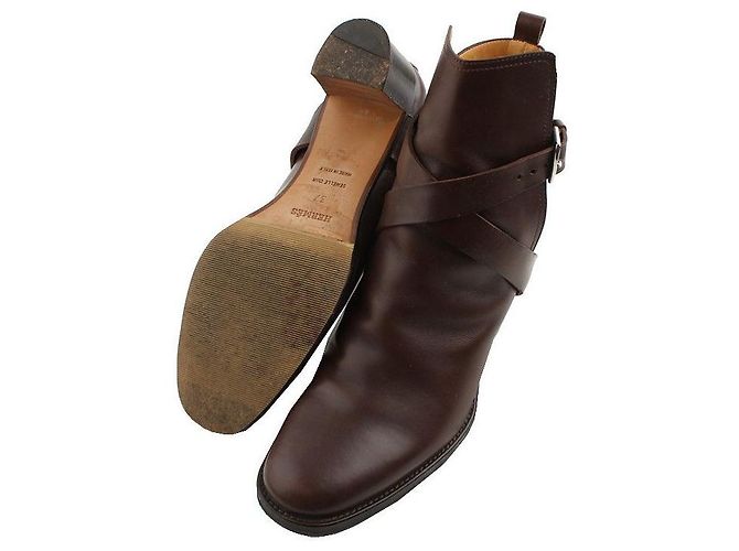 Hermès Chocolate Brown Leather Silver-tone Ankle Boots - view 4