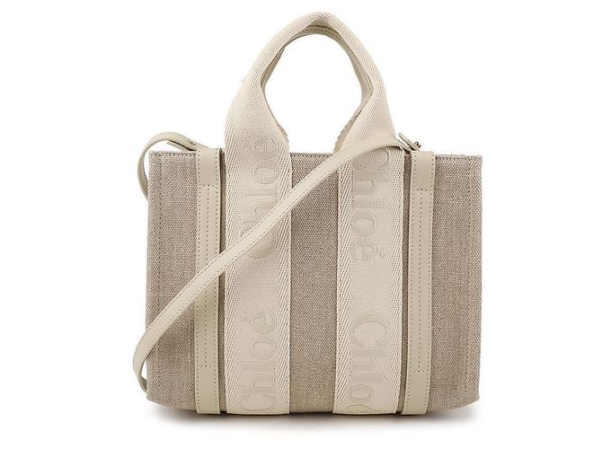 Chloé Borsa Tote Piccola Woody in Lino Bianco - vista 3