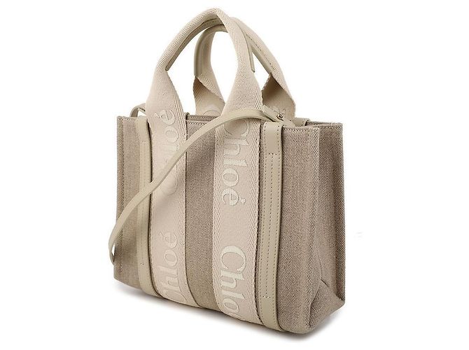 Chloé Borsa Tote Piccola Woody in Lino Bianco - vista 4