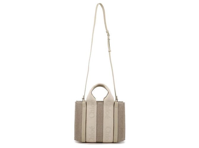 Chloé Borsa Tote Piccola Woody in Lino Bianco - vista 5