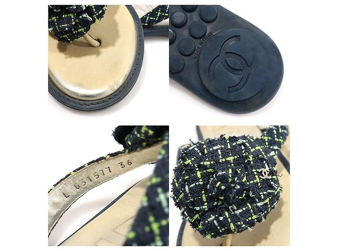 Chanel Sandali Flip Flop Camelia CC in Tweed Blu Navy - vista 7