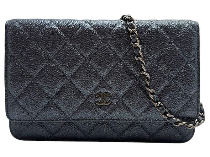 Wallet On Chain Chanel Portafoglio WOC Caviar su Catena Blu Metallico - vista 2