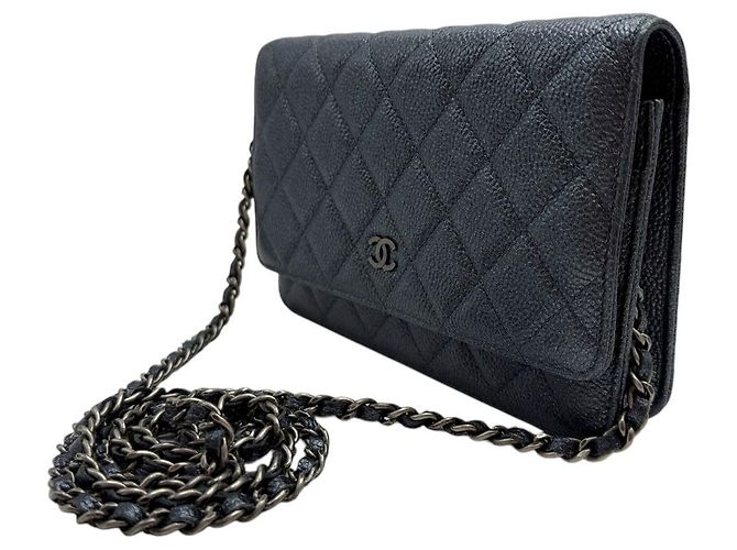 Wallet On Chain Chanel Portafoglio WOC Caviar su Catena Blu Metallico - vista 3