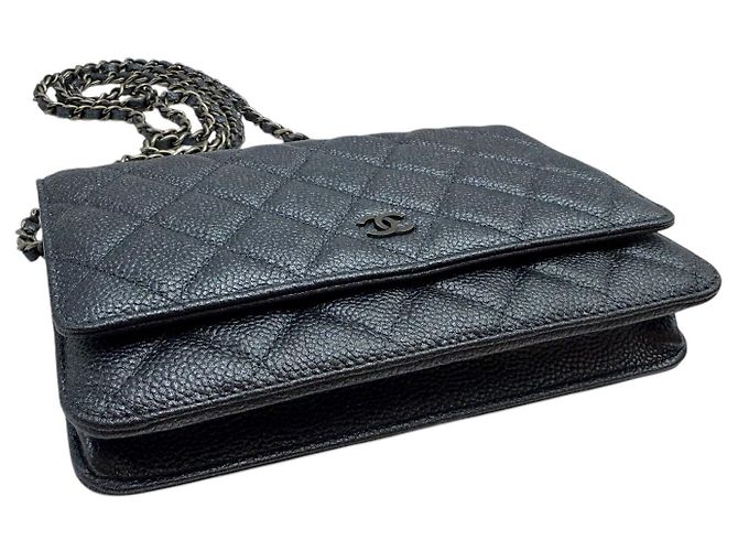 Wallet On Chain Chanel Portafoglio WOC Caviar su Catena Blu Metallico - vista 5