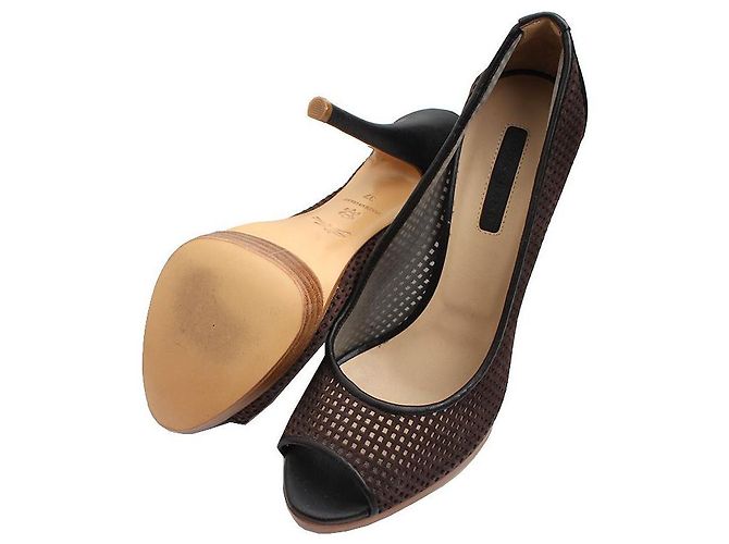 Longchamp Dunkelbraune Netz-High-Heel-Offene-Schuhe - Ansicht 3