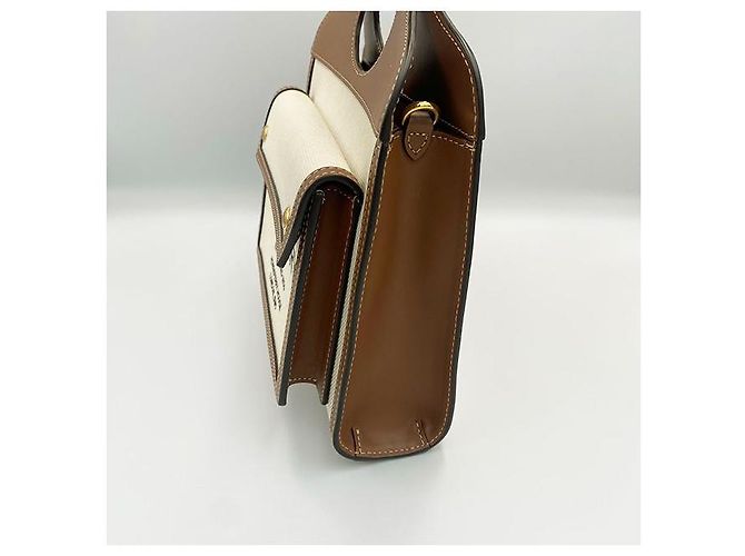 Burberry Borsa mini tote a due toni in tela e pelle marrone - vista 3