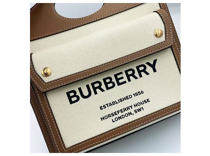 Burberry Borsa mini tote a due toni in tela e pelle marrone - vista 6