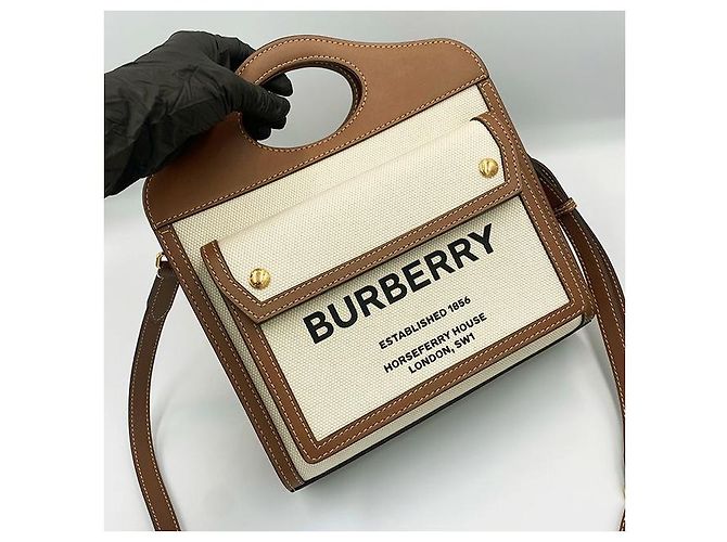 Burberry Borsa mini tote a due toni in tela e pelle marrone - vista 8