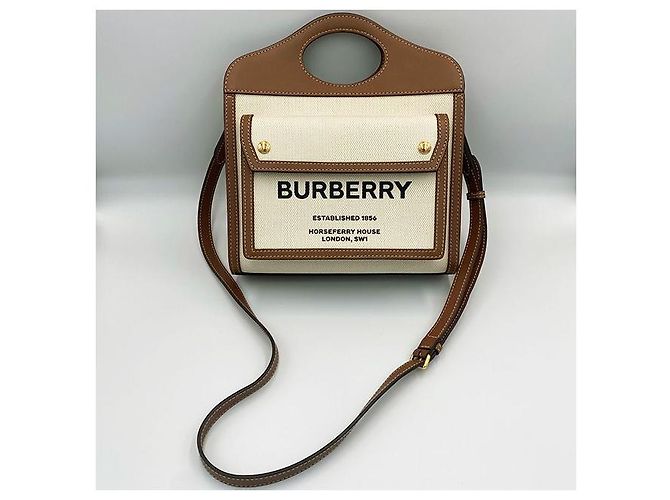 Burberry Borsa mini tote a due toni in tela e pelle marrone - vista 9