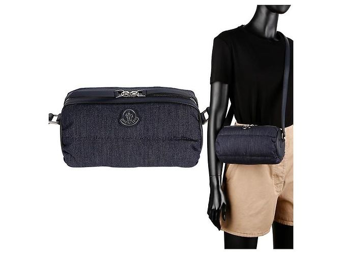 Borsa a spalla in denim con logo patch Moncler Blu - vista 9