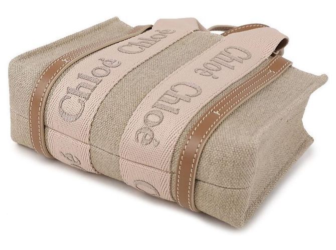 Chloé Mini borsa tote in lino Woody Rosa - vista 6