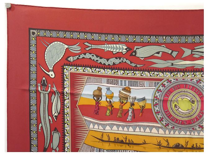 Hermès BUFANDA HERMES LA VIDA DEL RÍO ALINE HONORE 2005 CUADRADO DE SEDA ROJO Roja - vista 2