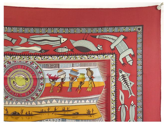 Hermès BUFANDA HERMES LA VIDA DEL RÍO ALINE HONORE 2005 CUADRADO DE SEDA ROJO Roja - vista 3