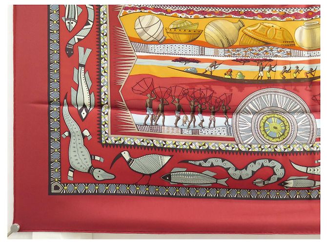 Hermès BUFANDA HERMES LA VIDA DEL RÍO ALINE HONORE 2005 CUADRADO DE SEDA ROJO Roja - vista 4