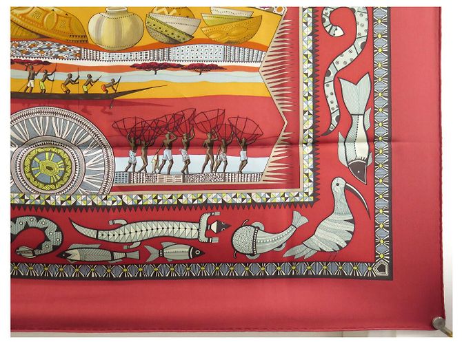 Hermès BUFANDA HERMES LA VIDA DEL RÍO ALINE HONORE 2005 CUADRADO DE SEDA ROJO Roja - vista 5