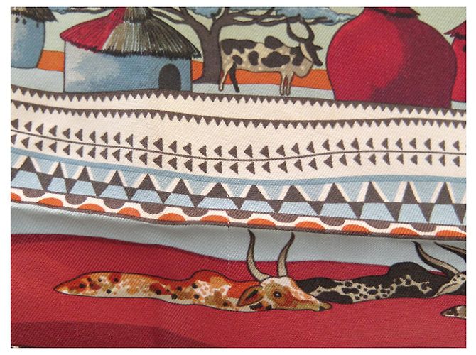 Hermès BUFANDA HERMES LA VIDA DEL RÍO ALINE HONORE 2005 CUADRADO DE SEDA ROJO Roja - vista 9