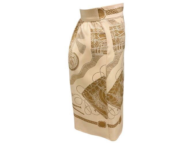 Falda de seda estampada Les Tambours Hermès beige / marrón - vista 2