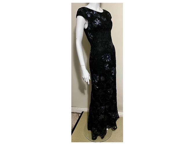 Vera Wang Abito da sera in paillettes e pizzo con strascico a pesce Nero Metallico - vista 3