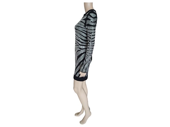 Schwarzes Balmain-Kleid, Strass und Zebra-Muster - Ansicht 6