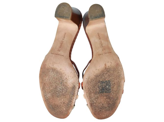 Mule in pelle di serpente con punta aperta Manolo Blahnik Marrone - vista 7