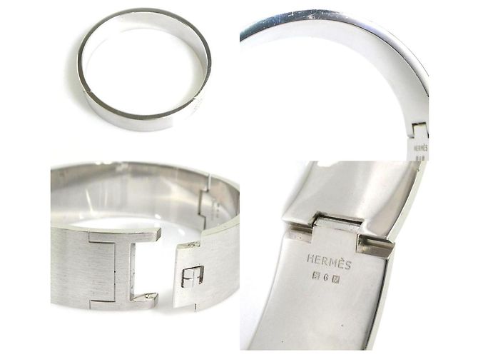 Pulsera de bangle de esmalte y metal Hermès Castaño Negro Plata - vista 5