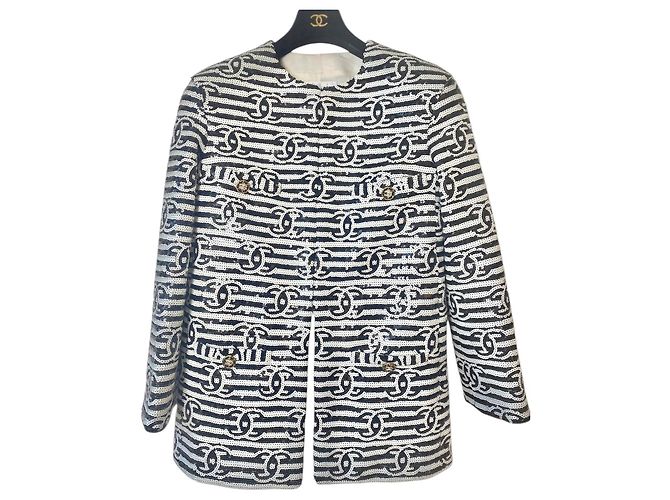 Chanel 22S Runway Sequin CC Logo Black and White Jacket FR 40 - view 3