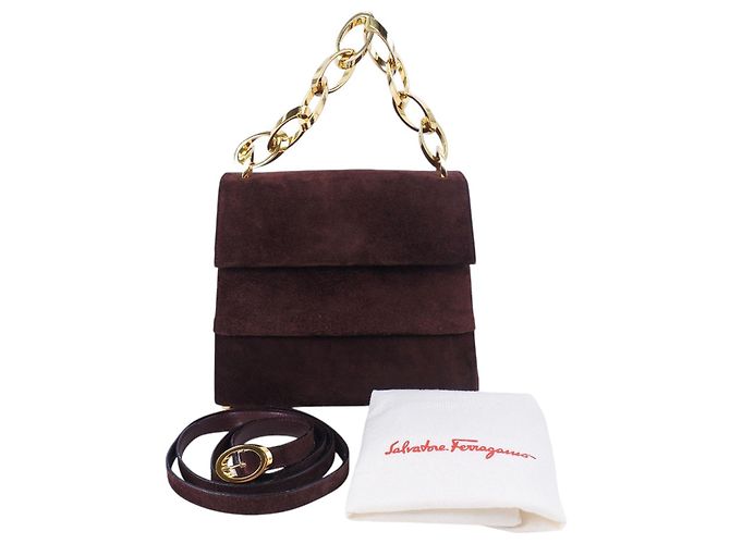 Salvatore Ferragamo Bolso de cadena de ante marrón Ferragamo Castaño Marrón oscuro - vista 10