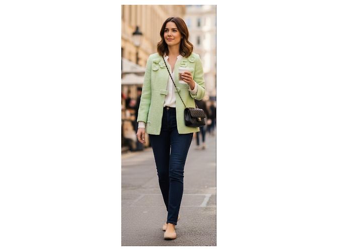 Giacca in tweed bouclé verde menta con zip e applicazioni Chanel 04C FR 42 Verde chiaro - vista 7