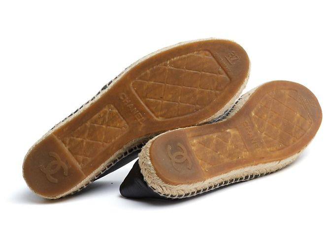 Espadrilles in Pelle Nera Chanel EU37 CC Nero su Nero Scarpe Flat UK4 US6.5 - vista 5