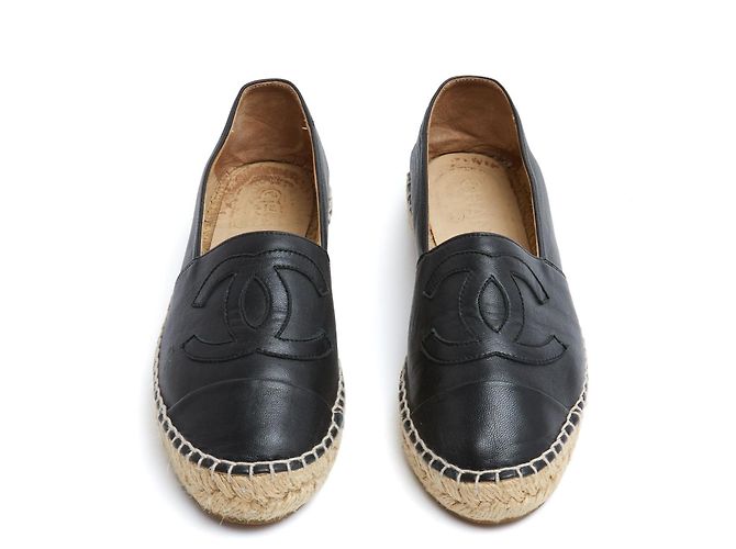Espadrilles in Pelle Nera Chanel EU37 CC Nero su Nero Scarpe Flat UK4 US6.5 - vista 2