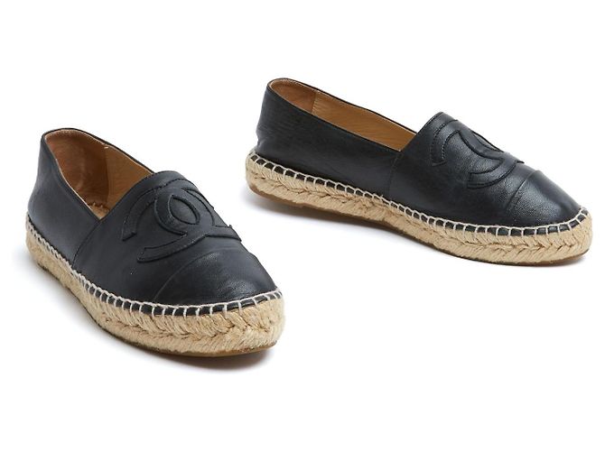Espadrilles in Pelle Nera Chanel EU37 CC Nero su Nero Scarpe Flat UK4 US6.5 - vista 3