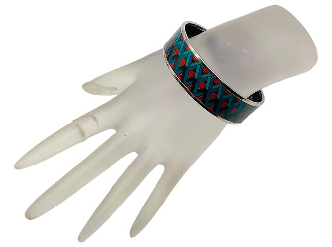 Bracciale in smalto Hermès blu / rosso con motivo geometrico multicolore - vista 2